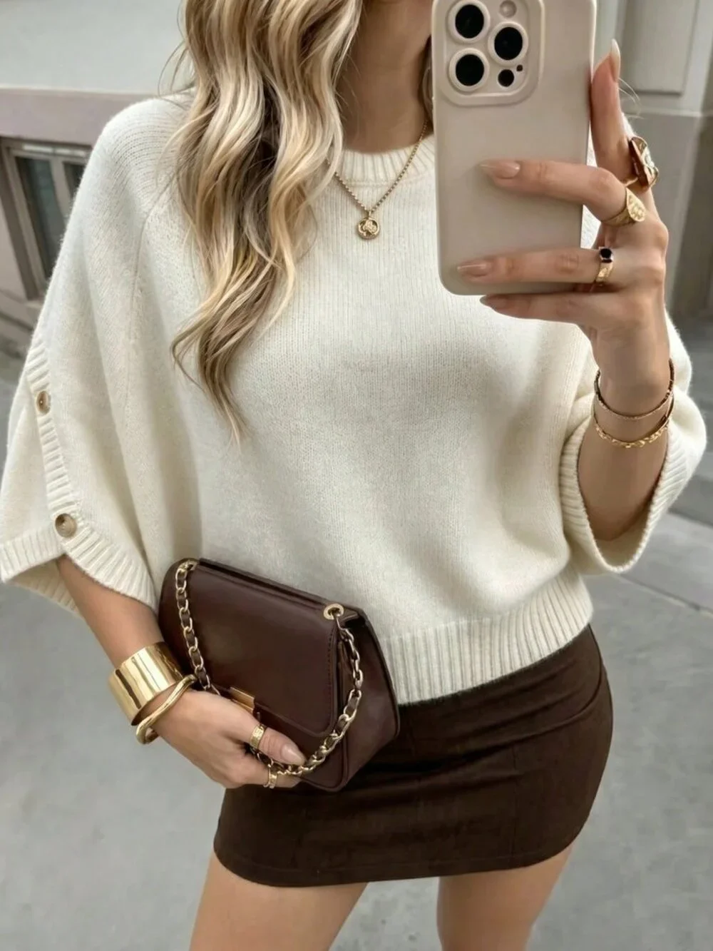 Apricot Casual Women's Round Neck Batwing Sleeve Knit  Sweater Top